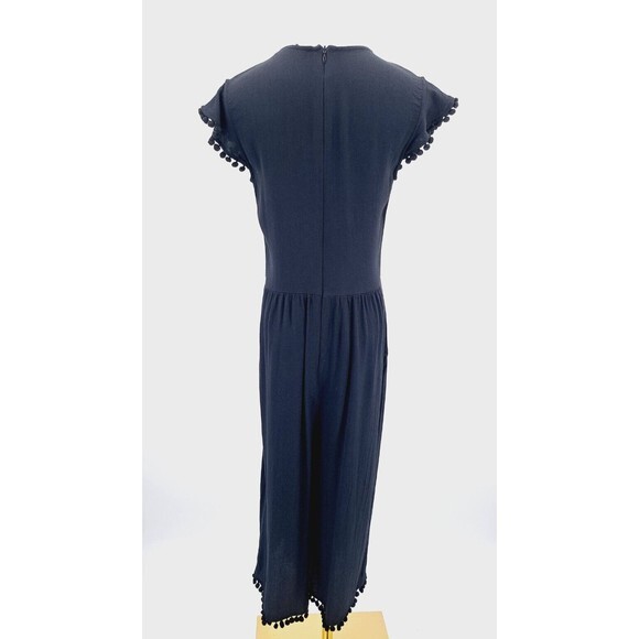 Zara Woman Jumpsuit Small Black Straight Jumpsuit Romper Cropped Pom Pom Trim - Picture 3 of 9